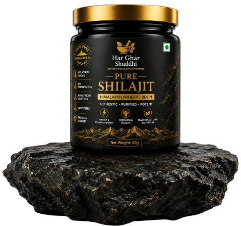 Har Ghar Shudhi Pure Shilajit jar on stone pedestal