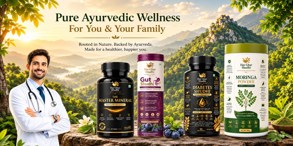 Pure Ayurvedic Wellness For You & Your Family — VitalCore 4, Gut Shudhi, Diabetes Shudhi, and Moringa Powder with doctor and Himalayan landscape